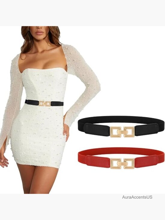 2 Pack Women Stretchy Cinch Belt Thin Elastic Waist Belt with Retro Gold Buckle main image 7